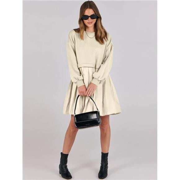 Women Fall Oversized Sweatshirts Hoodie Long Sleeve Crewneck Pleated Dress - Picture 6 of 6